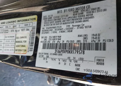 2019 Ford Fusion Sport from USA, damaged, VIN 3FA6P0VP0KR179578